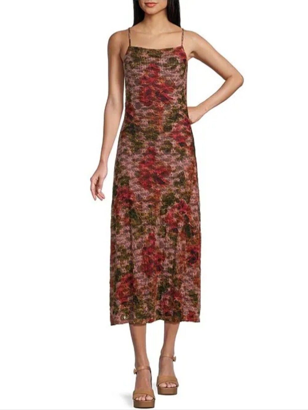 GB Gianni Bini Floral Mesh Midi Dress Brown Red Floral Slip Dress Size Large NWT